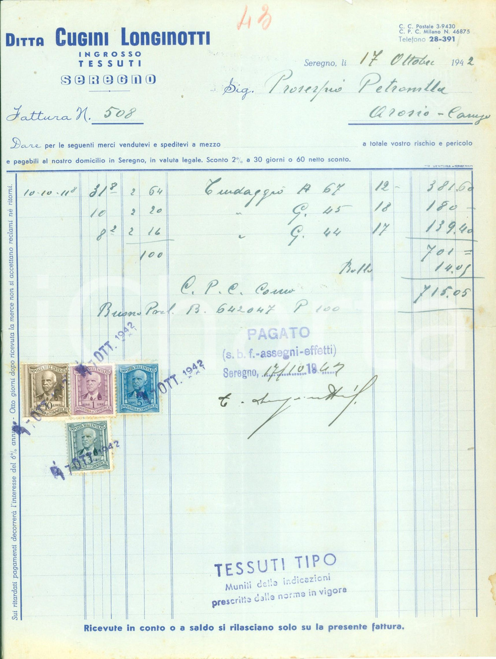 Documento originale, autentico 1942 SEREGNO MI Ditta Cugini LONGINOTTI Ingrosso tessuti Fattura commerciale 1