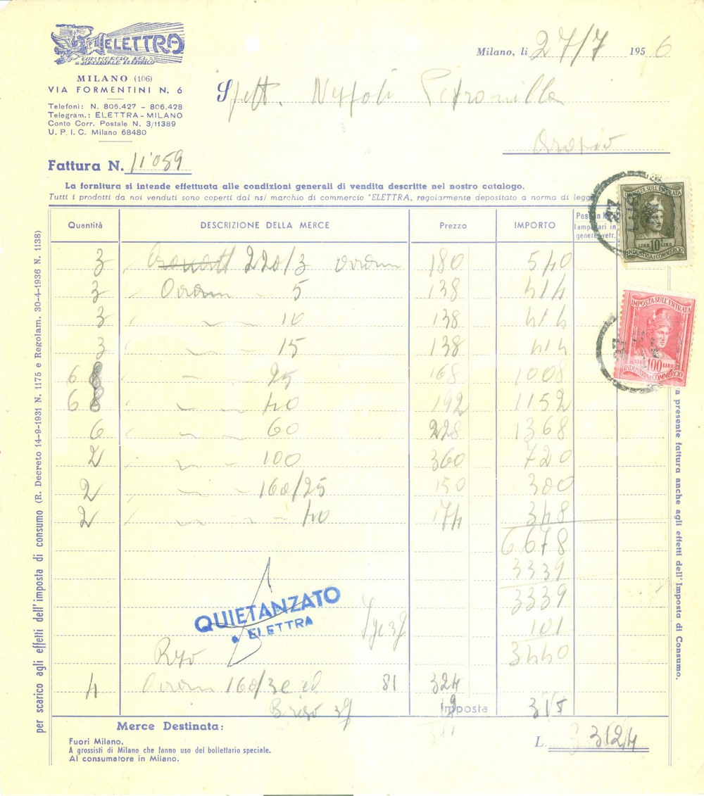 Documento originale, autentico 1956 MILANO Via Formentini 6 Ditta ELETTRA Materiale elettrico Fattura 1