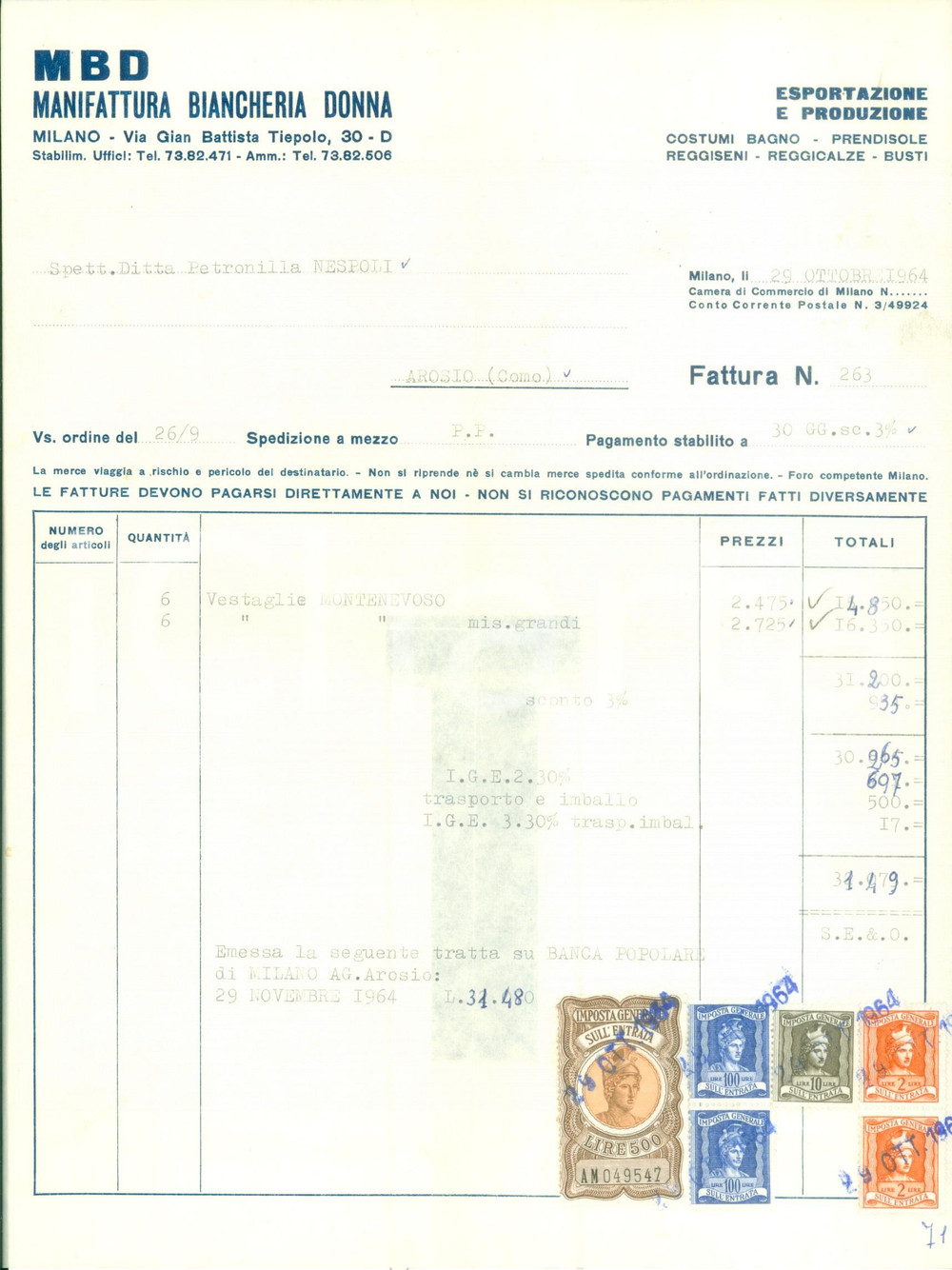Documento originale, autentico 1964 MILANO MBD Manifattura Biancheria Donna Fattura commerciale intestata 1