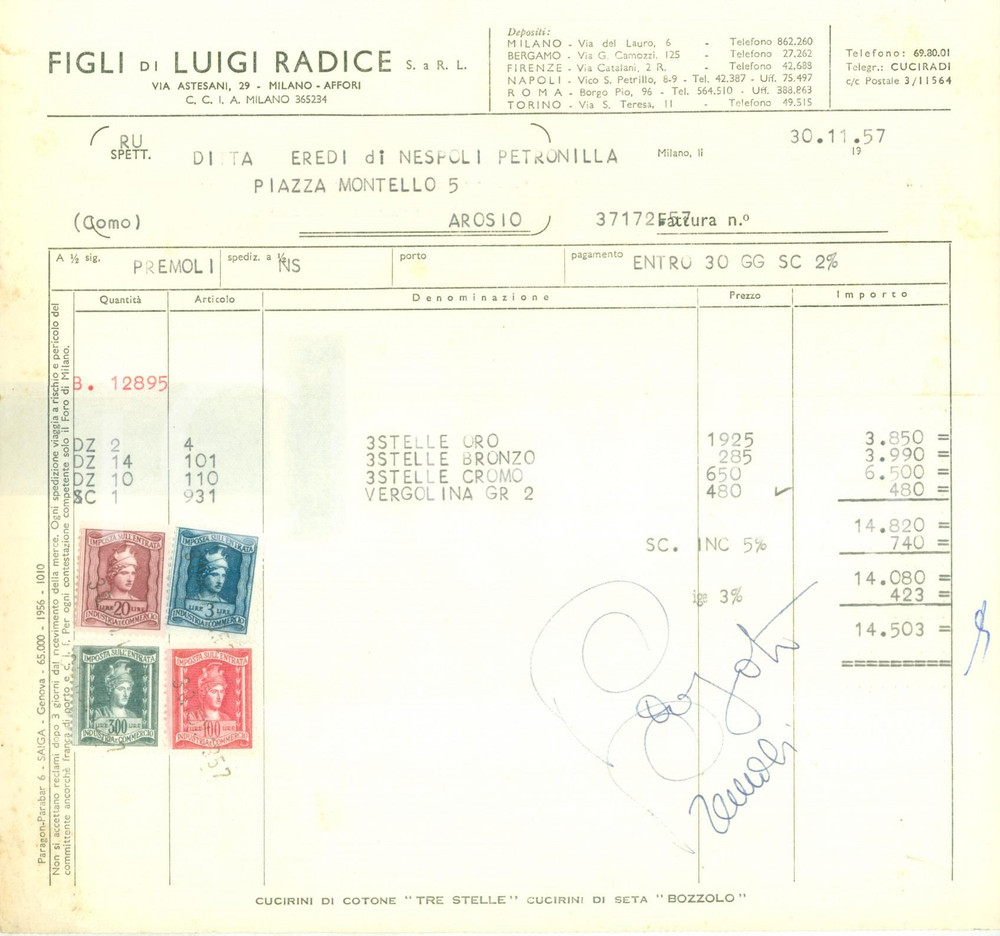 Documento originale, autentico 197 MILANO AFFORI Figli di Luigi RADICE tessuti e filati Fattura commerciale 1