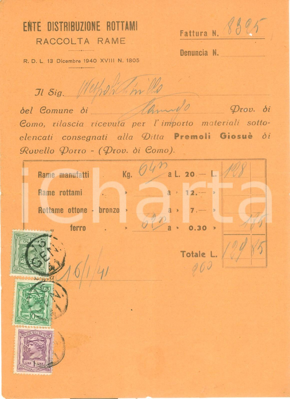 Documento originale, autentico 1941 CARUGO CO Ente Distribuzione Rottami Raccolta Rame Fattura commerciale 1