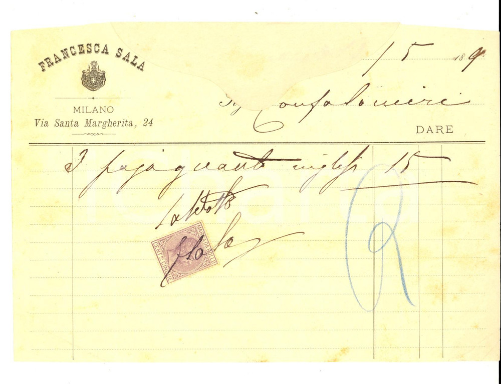 Documento originale, autentico 1890 ca MILANO Via Santa Margherita 24 Francesca SALA guanti inglesi Fattura 1