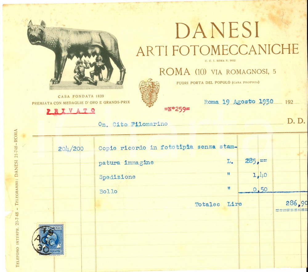 Documento originale, autentico 1930 ROMA via Romagnosi  5  Arti fotomeccaniche DANESI Fattura intestata 1