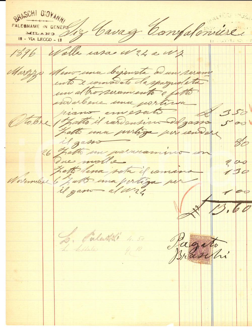 Documento originale, autentico 1896 MILANO Via Lecco 12 Giovanni BRASCHI  Falegname in genere Fattura 1