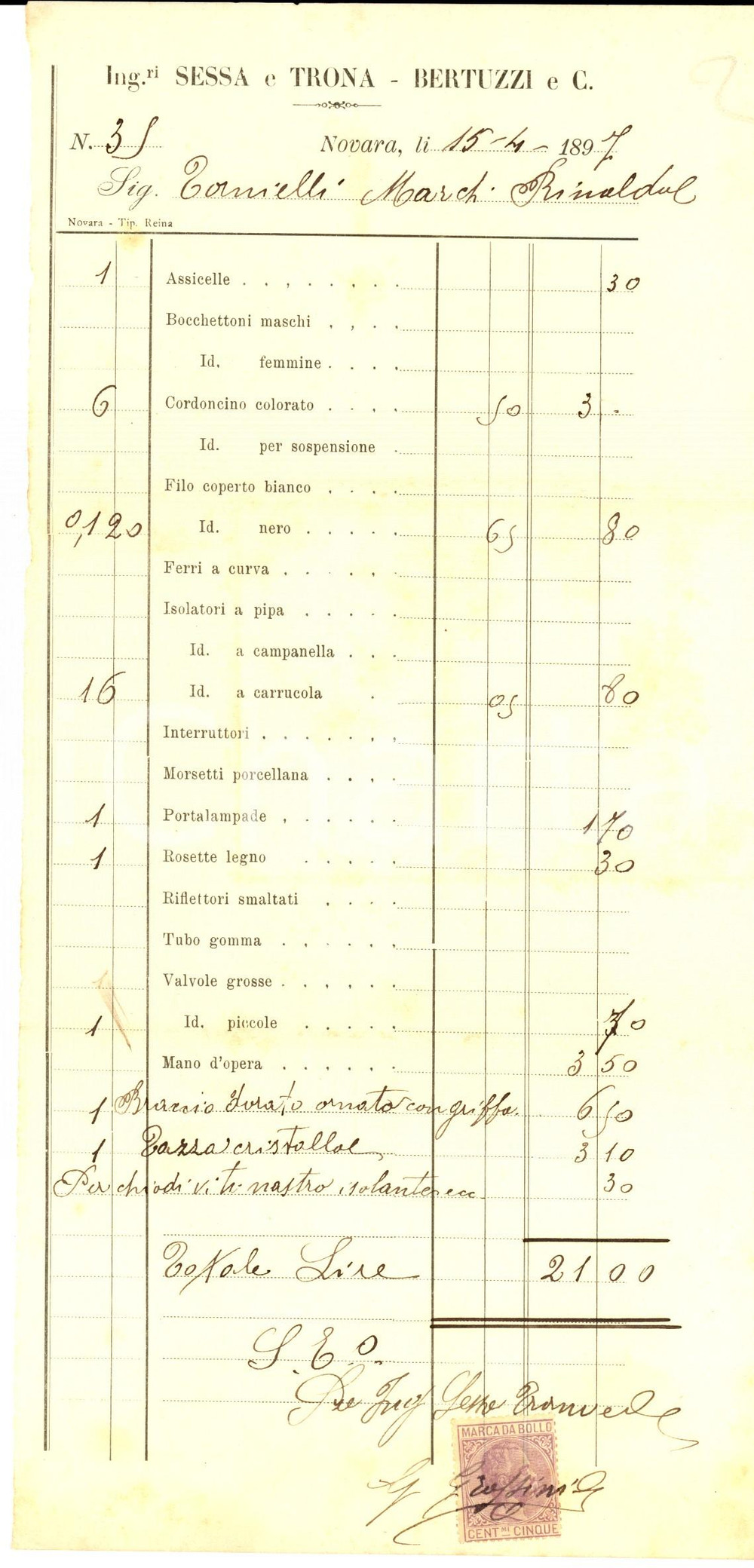 Documento originale, autentico 1897 NOVARA Ingegneri SESSA E TRONA  BERTUZZI & C. Fattura intestata 1