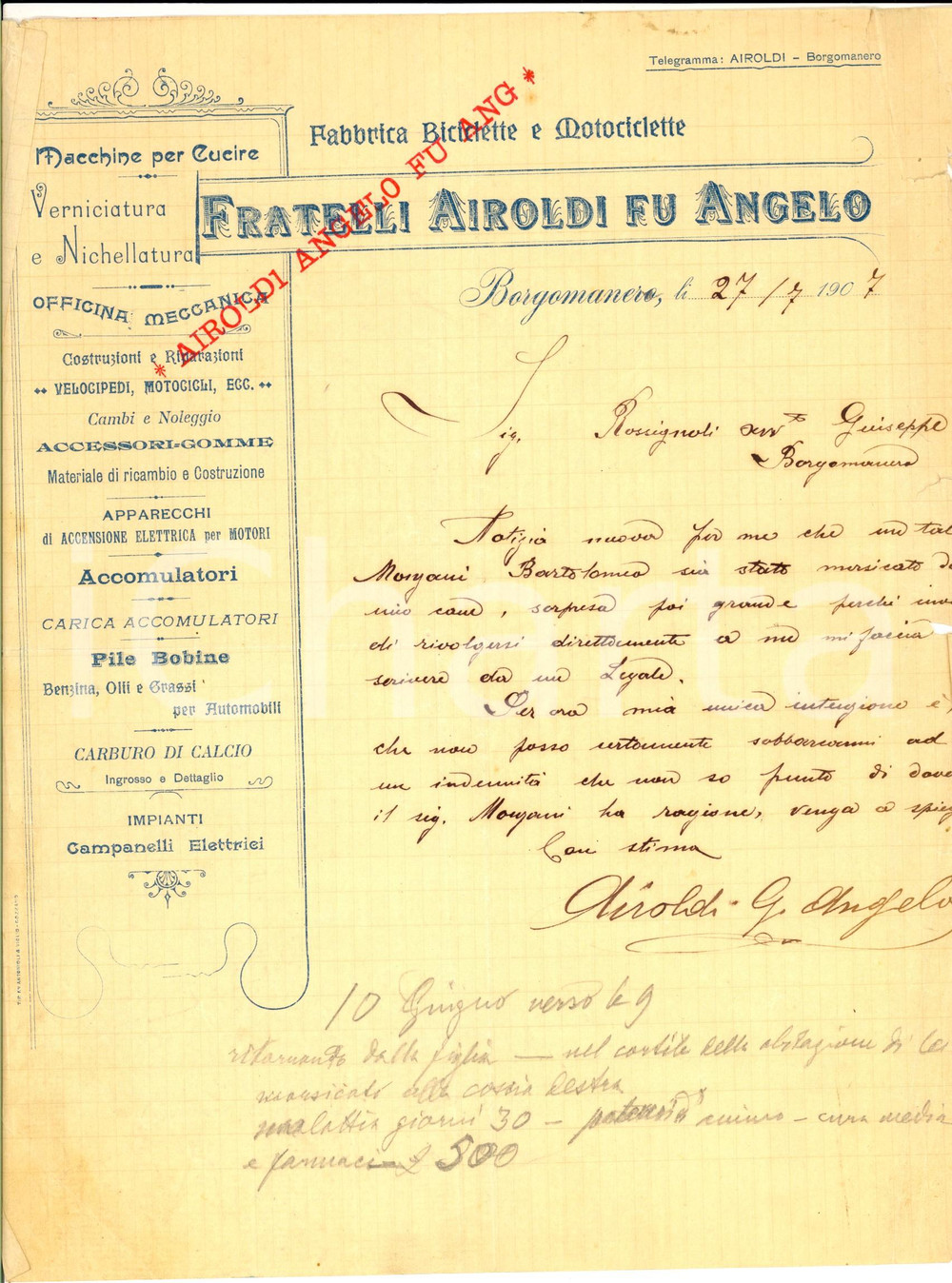 Documento originale, autentico 1907 BORGOMANERO NO Angelo AIROLDI accusato per morso di cane Lettera 1