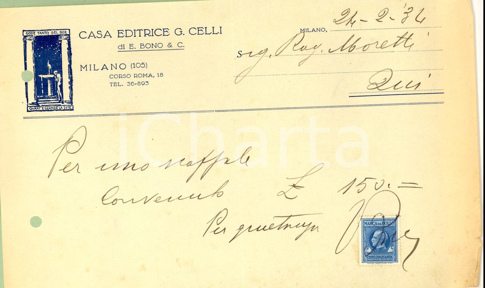 Documento originale, autentico 1934 MILANO Corso ROMA Casa Editrice G. CELLI Fattura intestata 1