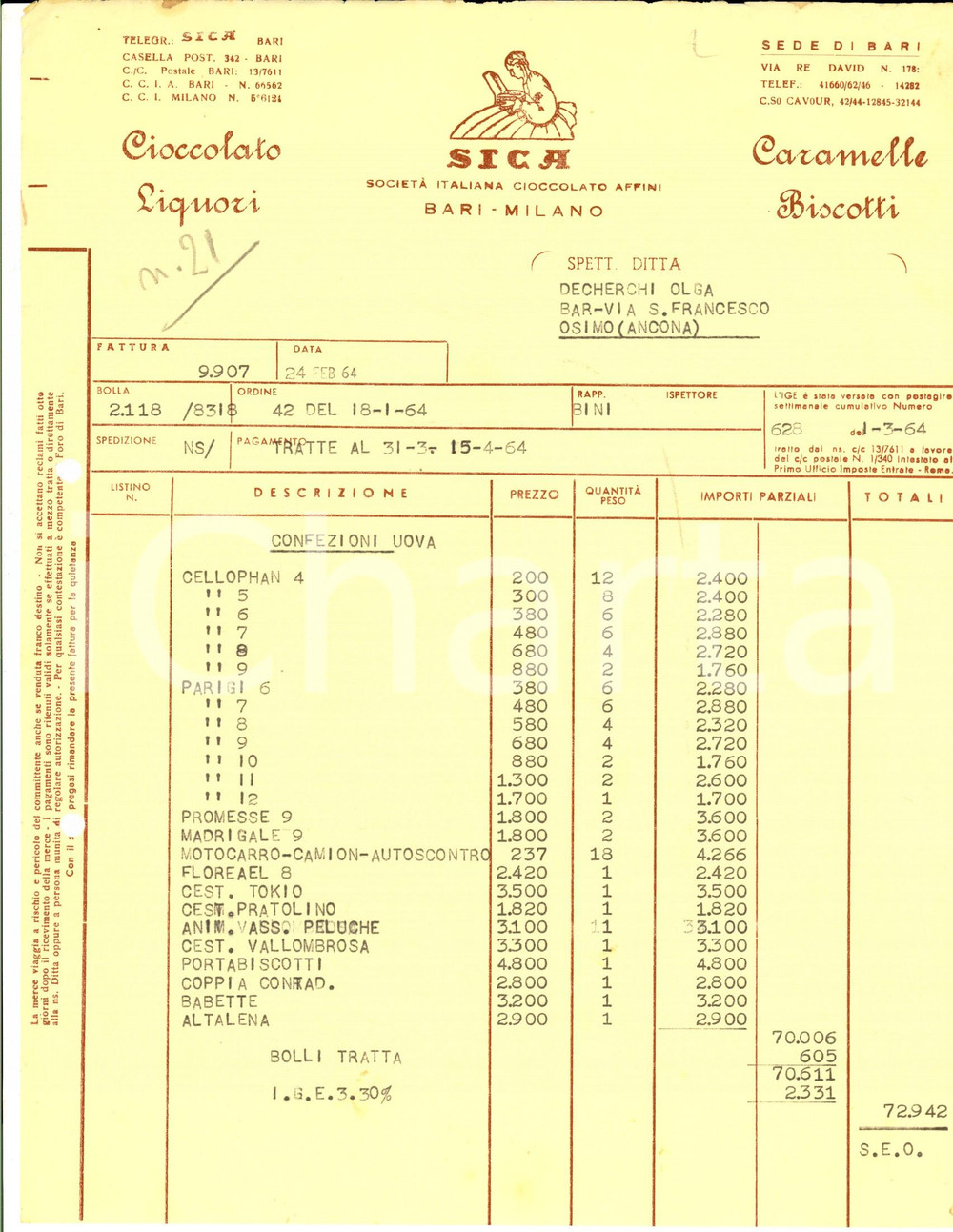 Documento originale, autentico 1964 MILANO SICA Cioccolato e liquori  caramelle e biscotti Fattura intestata 1