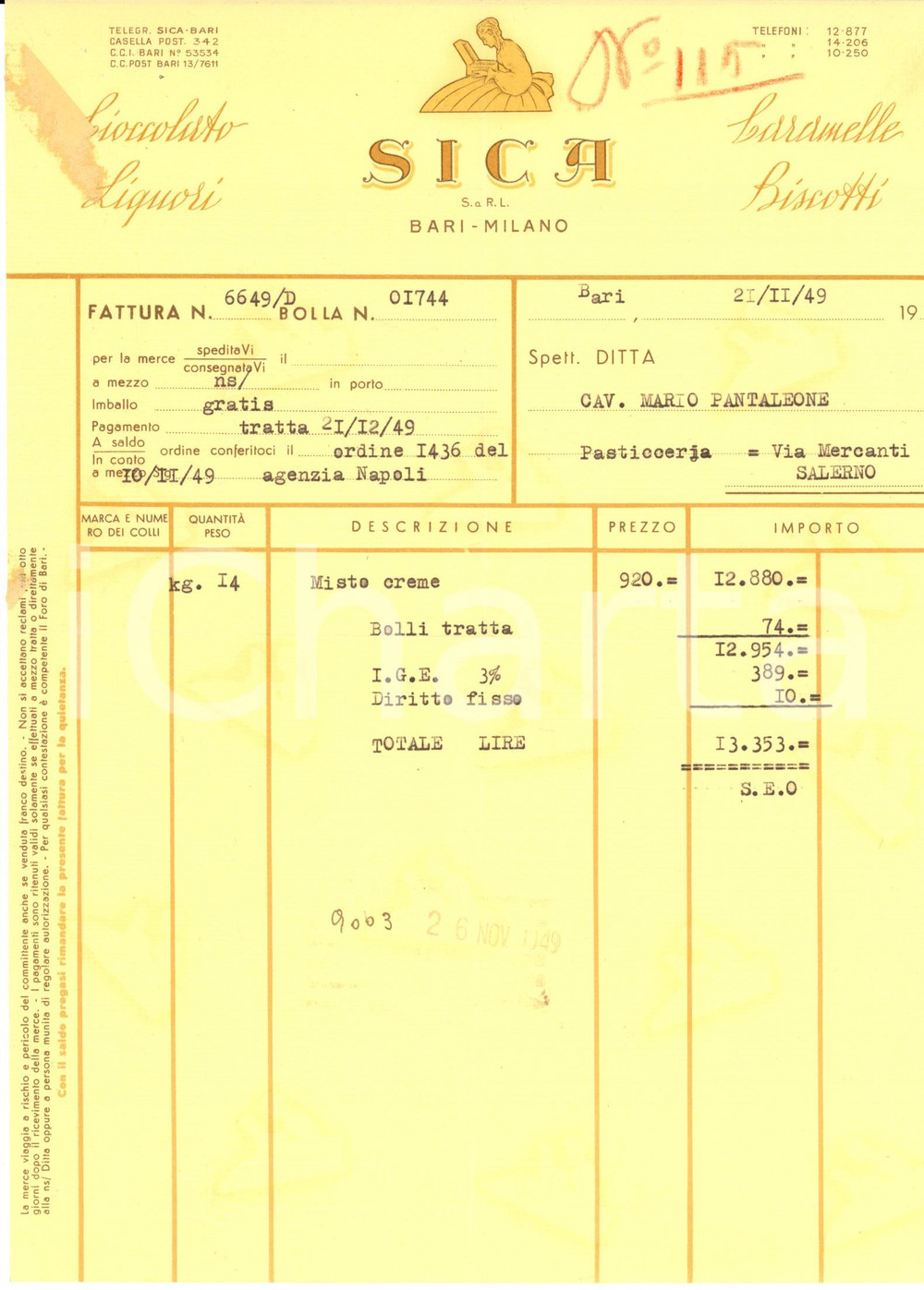 Documento originale, autentico 1949 MILANO SICA Cioccolato e liquori  caramelle e biscotti Fattura intestata 1