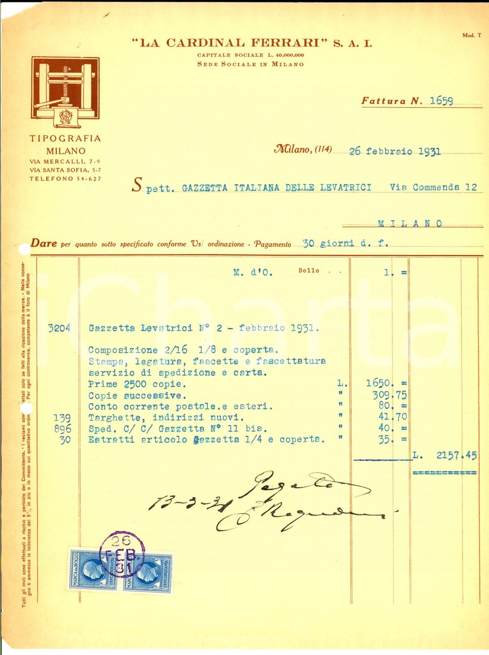 Documento originale, autentico 1931 MILANO LA CARDINAL FERRARI S. A. I. Tipografia Fattura intestata 1