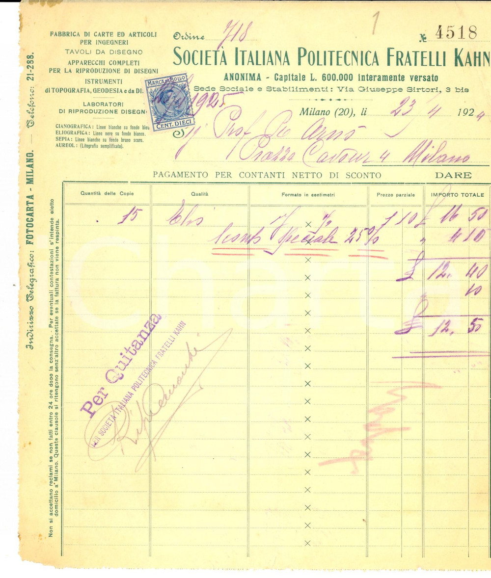 Documento originale, autentico 1924 MILANO SocietÃ  Italiana Politecnica FRATELLI KAHN  Fattura intestata 1
