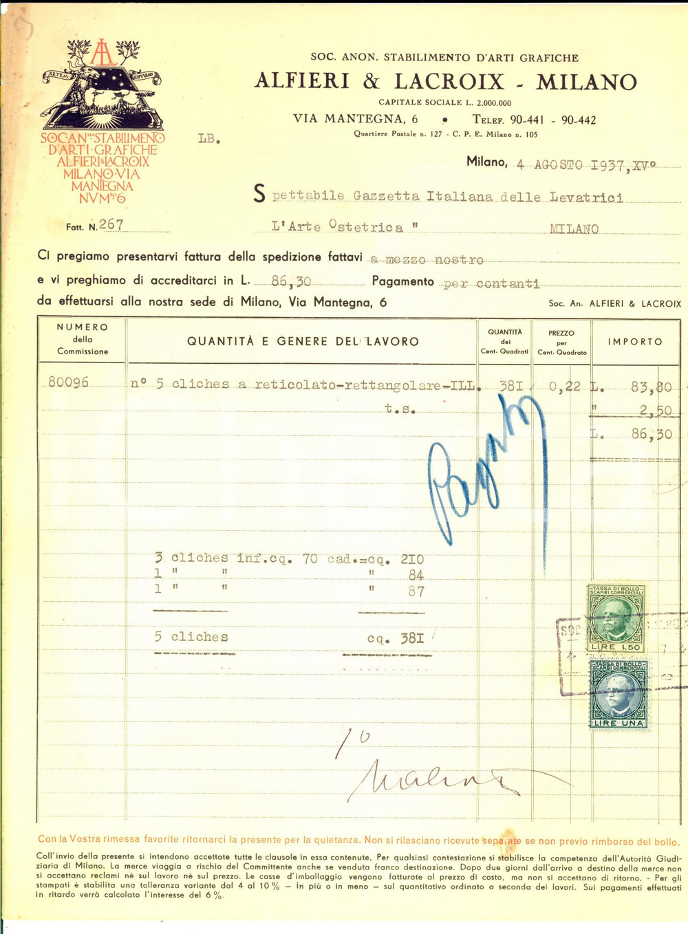 Documento originale, autentico 1937 MILANO Stabilimento Arti Grafiche ALFIERI & LACROIX Fattura intestata 1