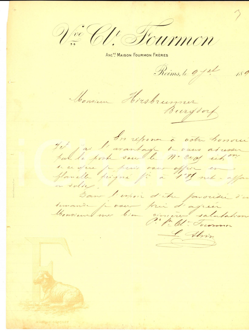Documento originale, autentico 1891 REIMS F Veuve FOURMON Lettera commerciale Carta intestata 1
