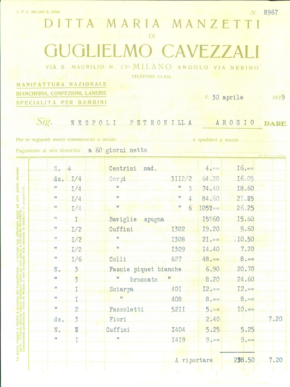 Documento originale, autentico 1939 MILANO Ditta Maria MANZETTI di Guglielmo CAVEZZALI Biancheria e lanerie 1