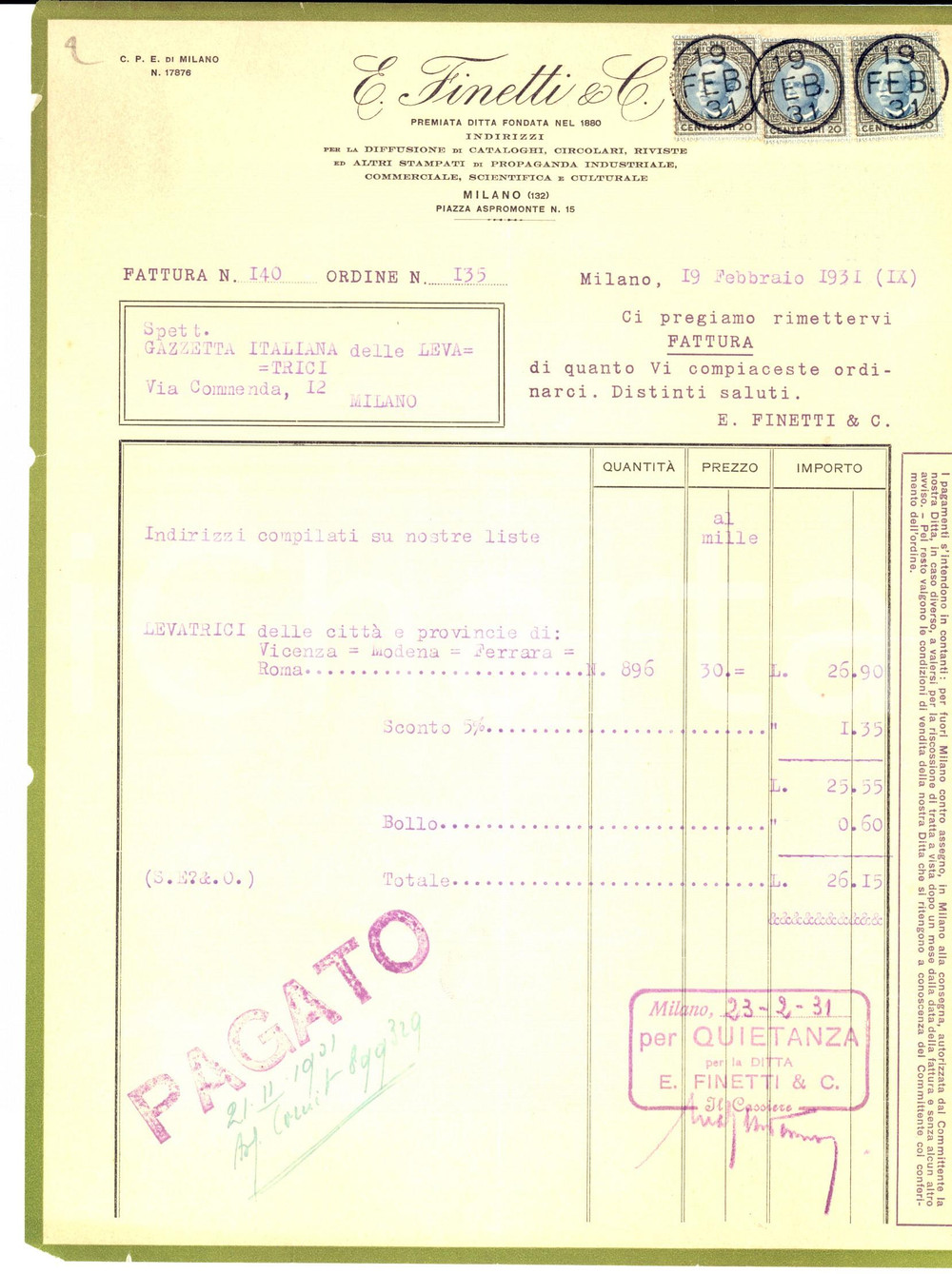 Documento originale, autentico 1931 MILANO Piazza Aspromonte 15 E. FINETTI & C. Indirizzi diffusione cataloghi 1