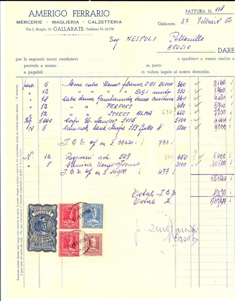 Documento originale, autentico 1956 GALLARATE VA Amerigo FERRARIO Mercerie, maglieria, calzetteria Fattura 1