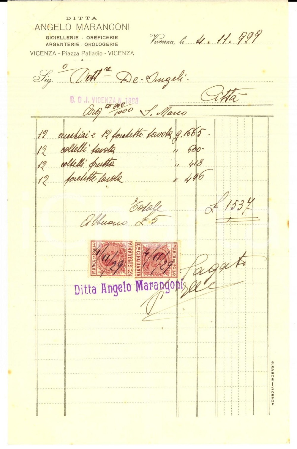 Documento originale, autentico 1929 VICENZA Ditta Angelo MARANGONI Gioiellerie e argenterie Fattura 1