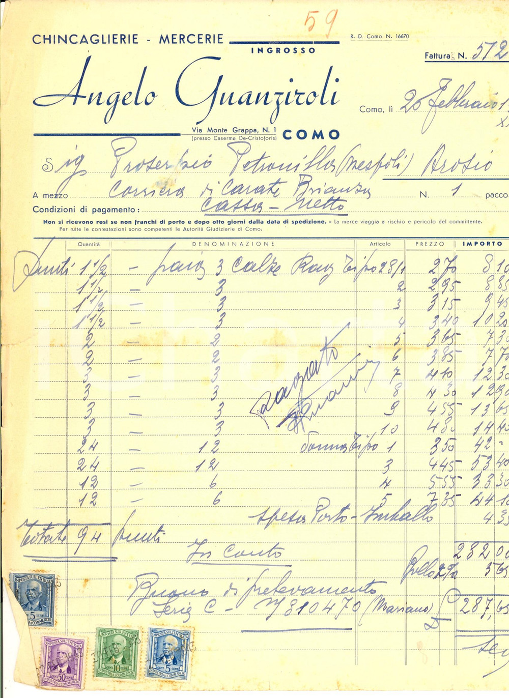 Documento originale, autentico 1943 COMO Angelo GUANZIROLI Chincaglierie e mercerie all ingrosso Fattura 1