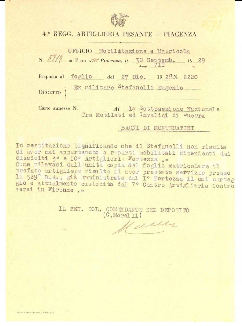 Documento originale, autentico 1929 PIACENZA 4Â° Reggimento Artiglieria Pesante Ex militare Eugenio STEFANELLI 1