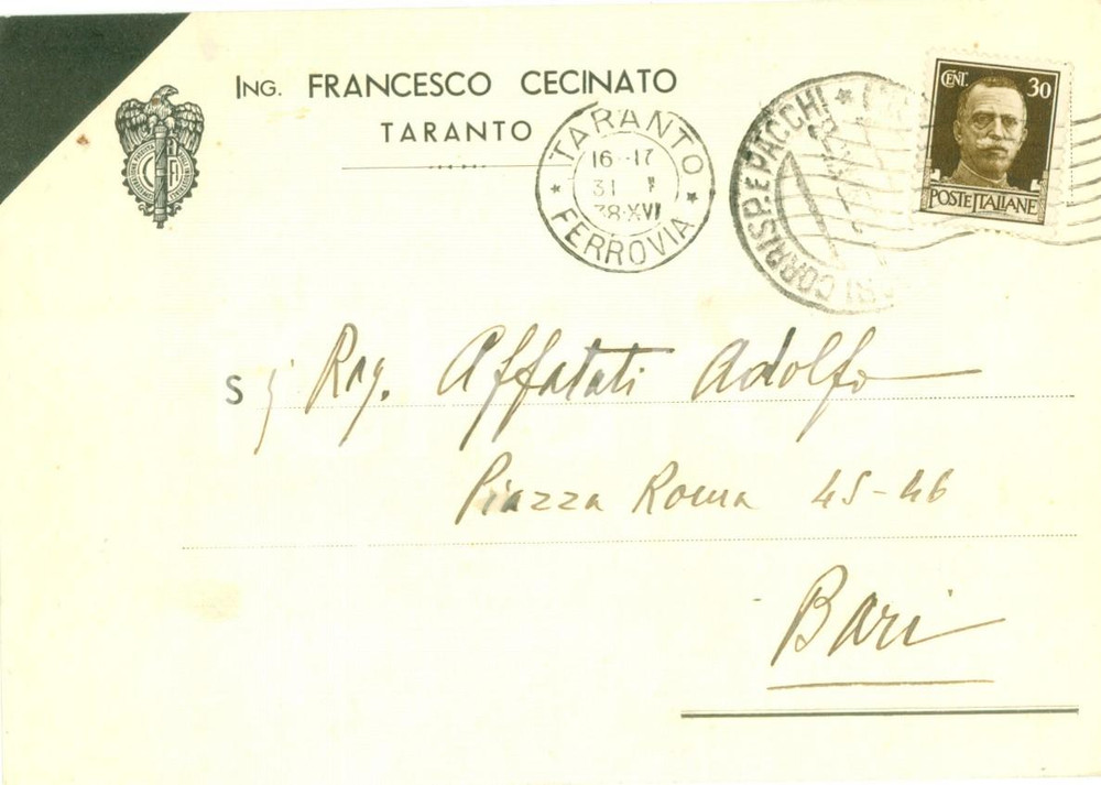 Cartolina originale da collezione 1938 TARANTO Ing. Francesco CECINATO Cartolina commerciale FG VG 1