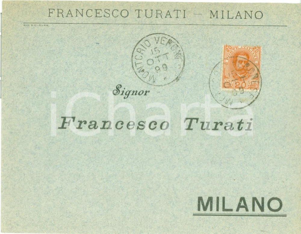 Materiale pubblicitario d’epoca 1899 MILANO Ditta Francesco TURATI Busta intestata priva di contenuto viaggiata 1