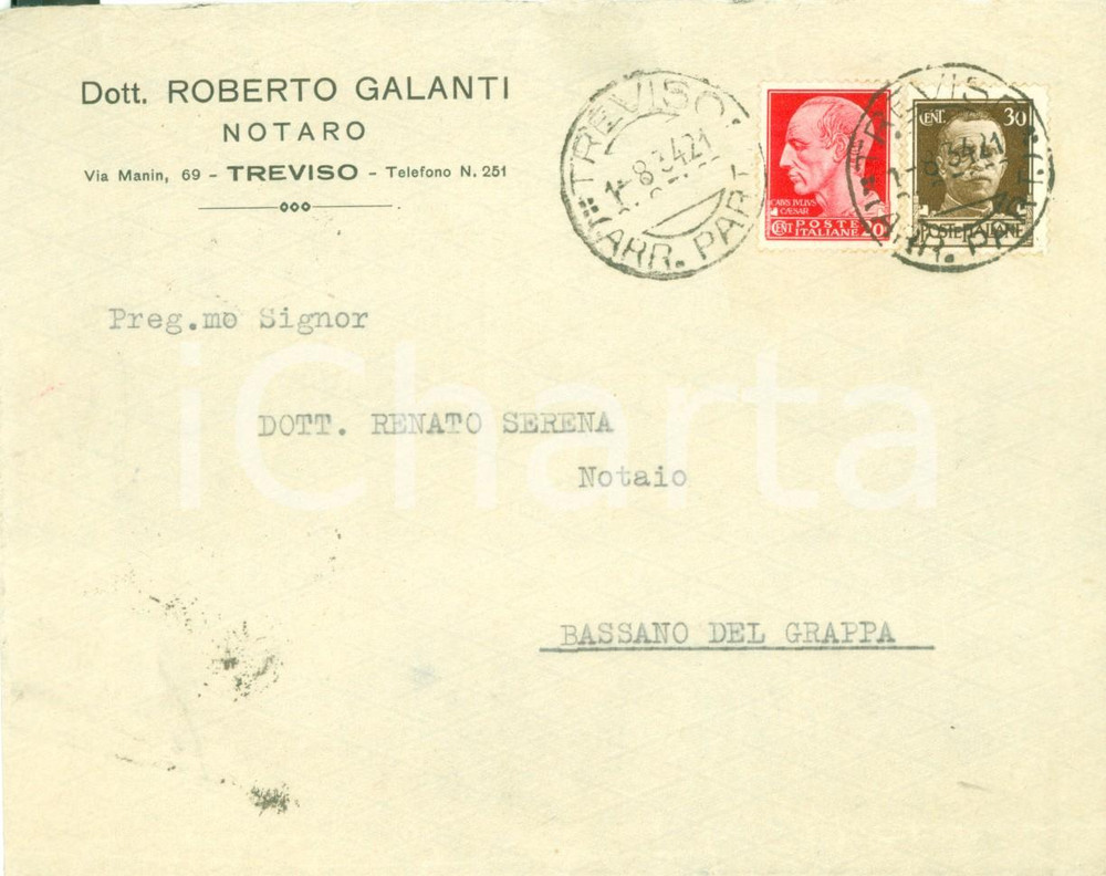 Materiale pubblicitario d’epoca 1934 TREVISO Notaio Roberto GALANTI Busta intestata priva di contenuto 1