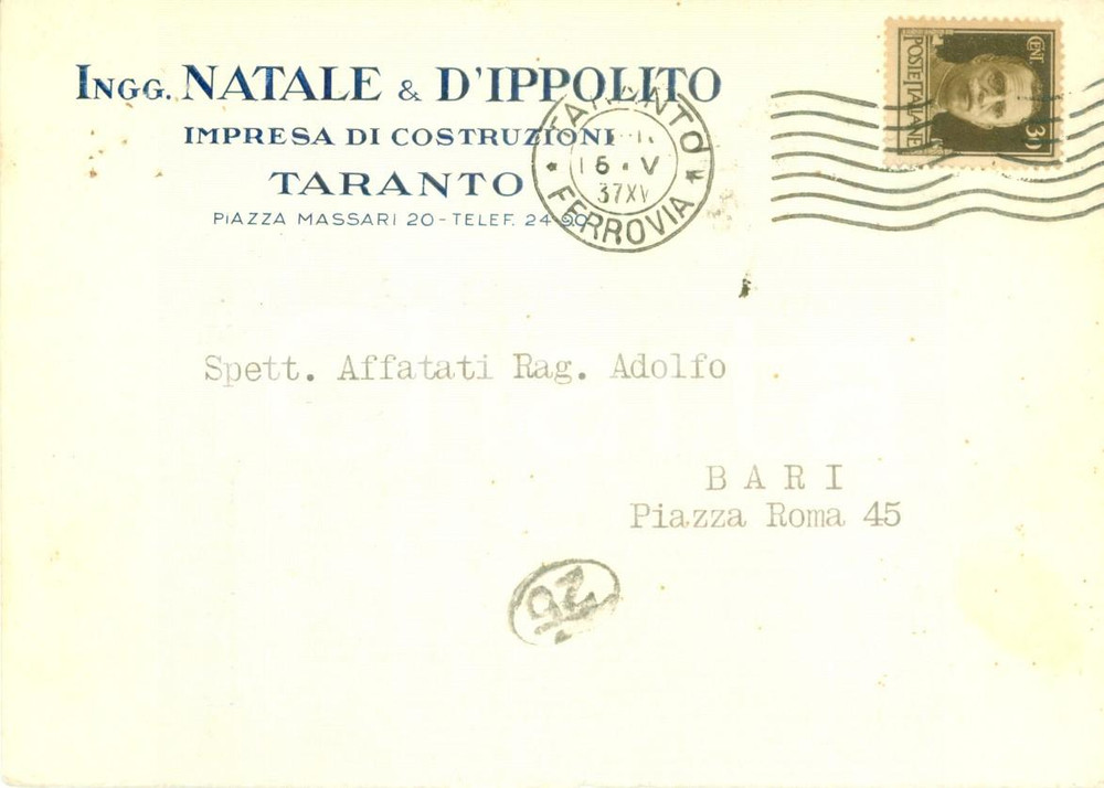 Cartolina originale da collezione 1937 TARANTO Impresa di costruzioni NATALE & D IPPOLITO Cartolina FG VG 1