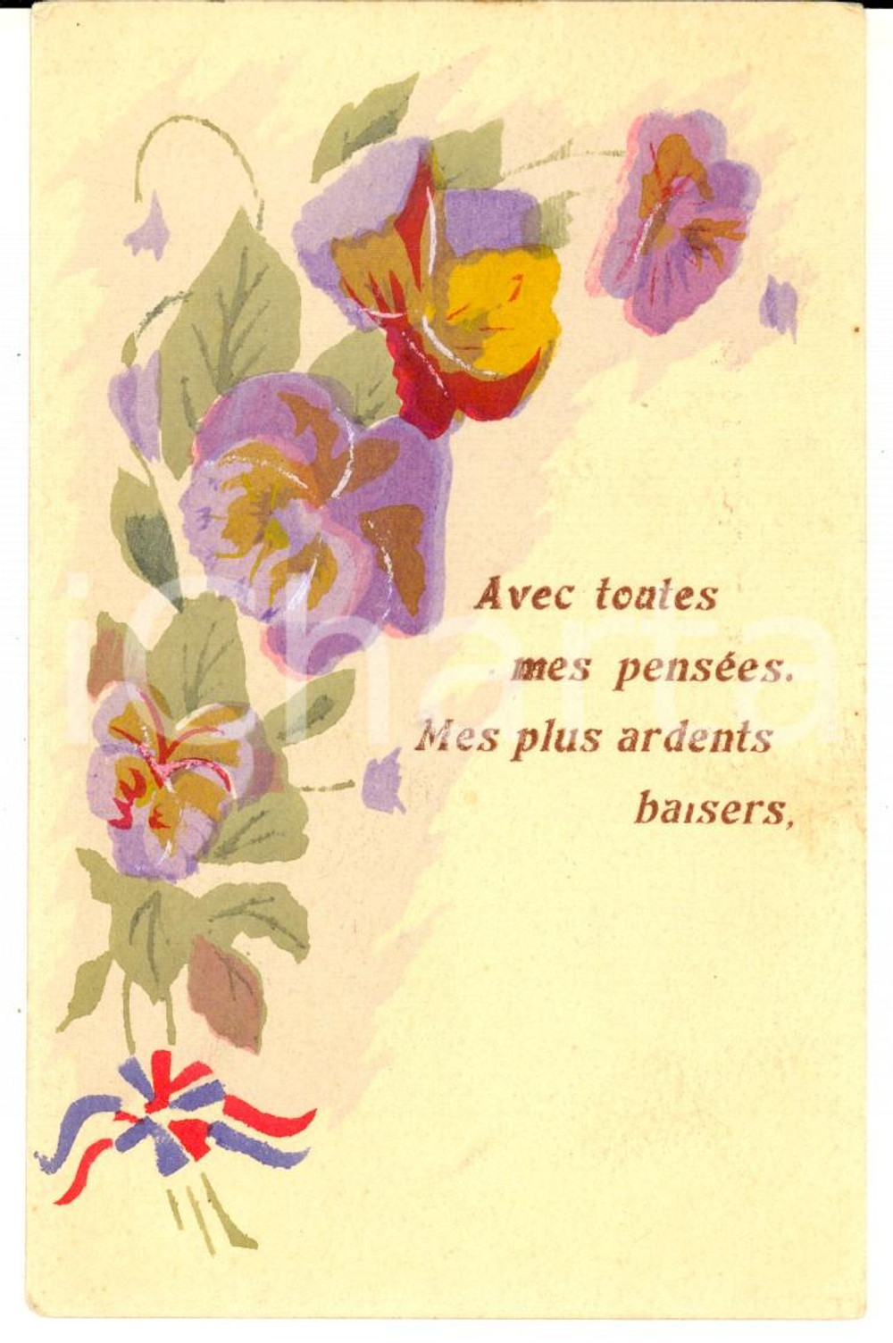 Cartolina originale da collezione 1910 ca FRANCE Cartolina augurale con ramo di fiori viola ACQUERELLATA 1