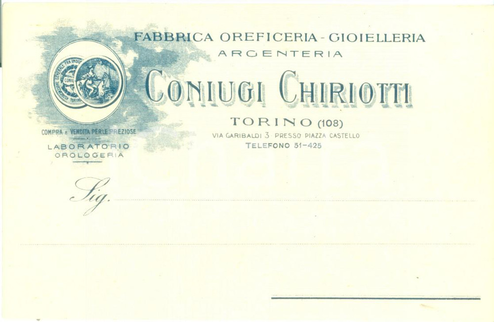 Cartolina originale da collezione 1910 ca TORINO Fabbrica Oreficeria Gioielleria Coniugi CHIRIOTTI Cartolina FP 1