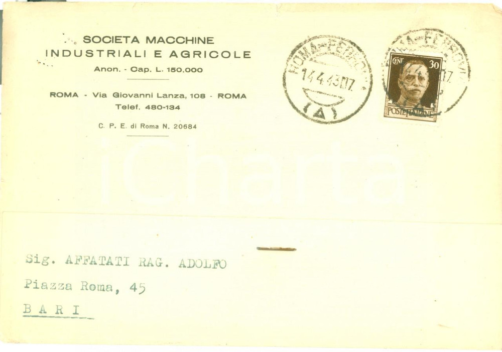 Cartolina originale da collezione 1943 ROMA SocietÃ  Macchine Industriali e Agricole non ha motori da 50 CV 1