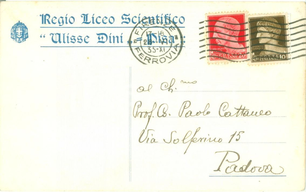 Documento originale, autentico 1933 PISA Regio Liceo Scientifico ULISSE DINI Cartolina intestata FP VG 1