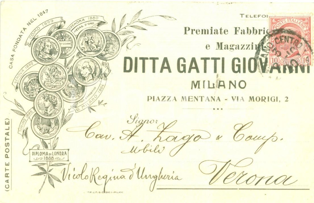 Cartolina originale da collezione 1910 MILANO Premiata Fabbrica e Magazzini GATTI Giovanni Cartolina commerciale 1