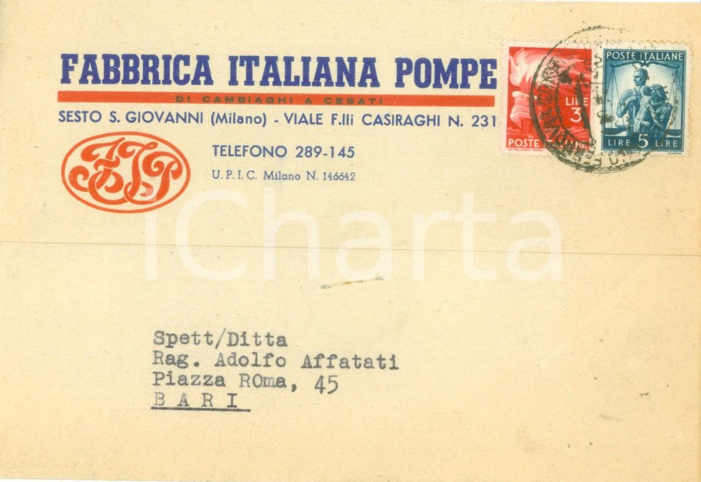 Cartolina originale da collezione 1947 SESTO SAN GIOVANNI MI Fabbrica Italiana Pompe CAMBIAGHI & CESATI 1