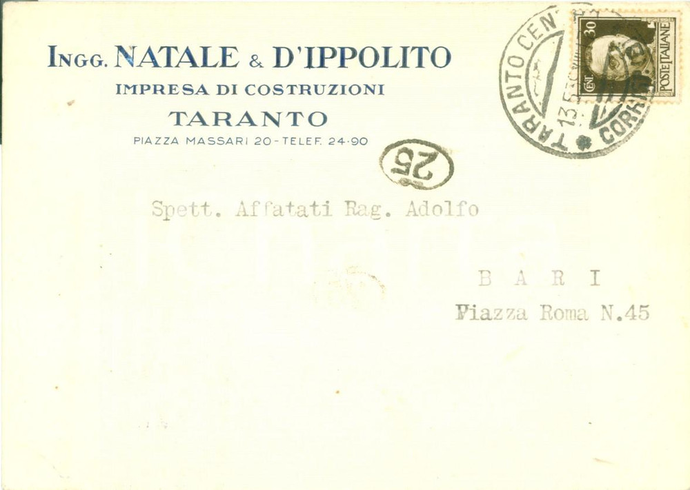 Cartolina originale da collezione 1939 TARANTO Impresa di costruzioni NATALE & D IPPOLITO Cartolina FG VG 1