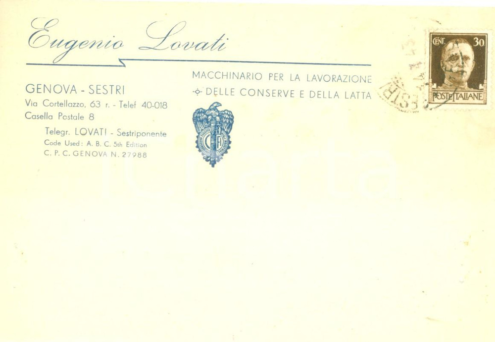 Cartolina originale da collezione 1943 GENOVA SESTRI Eugenio LOVATI Lavorazione conserve e latta Cartolina FG VG 1