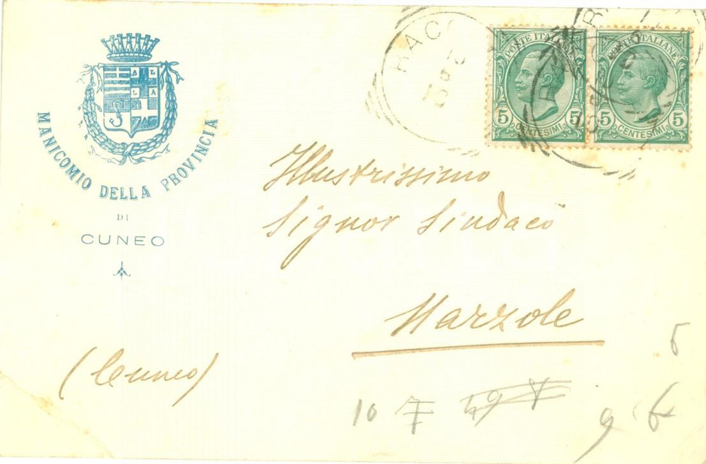 Documento originale, autentico 1910 NARZOLE CN Manicomio Provinciale richiede retta di Caterina TARICCO 1