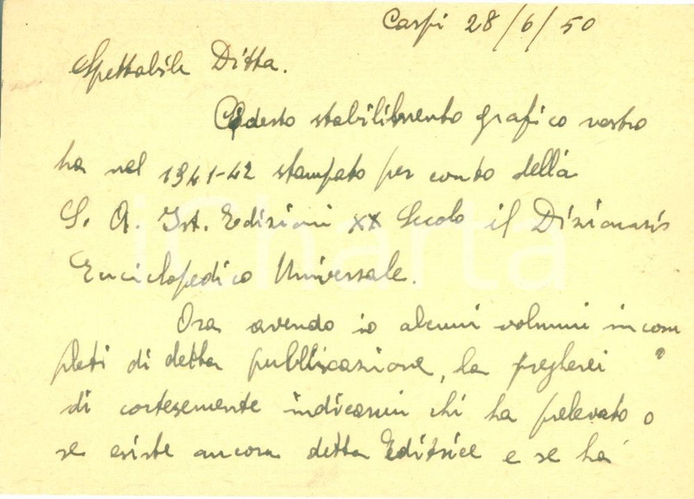 Manoscritto, lettera originale 1950 CARPI MO Attilio BELTRAMI chiede notizie delle Edizioni XX SECOLO 1