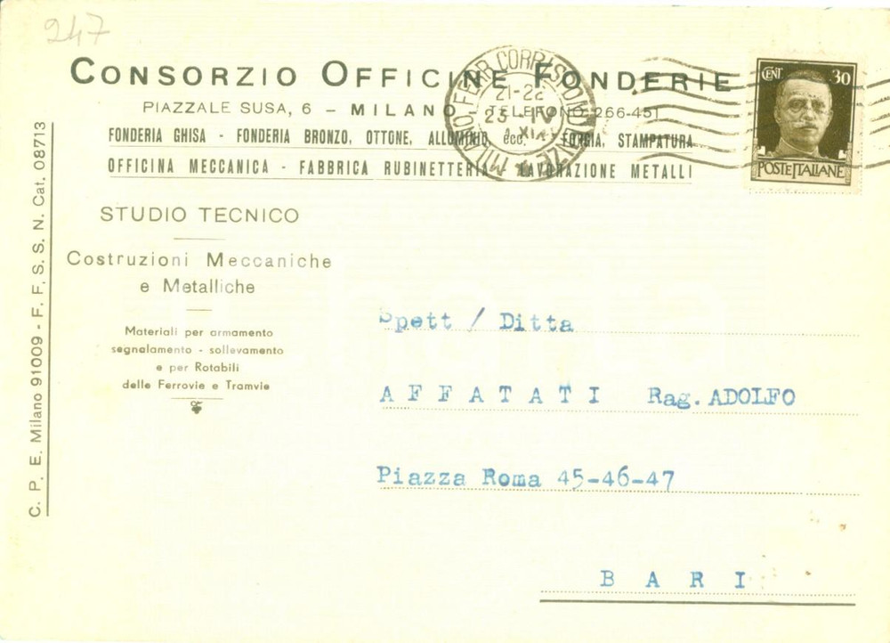 Documento originale, autentico 1941 MILANO Consorzio Officine Fonderie ha cessato ogni attivitÃ  Cartolina FG VG 1