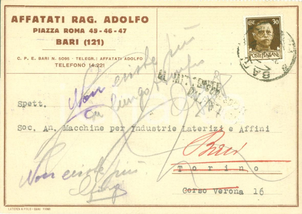 Cartolina originale da collezione 1935 BARI Rag. Adolfo AFFATATI richiede impastatrice ad elica Cartolina FG VG 1