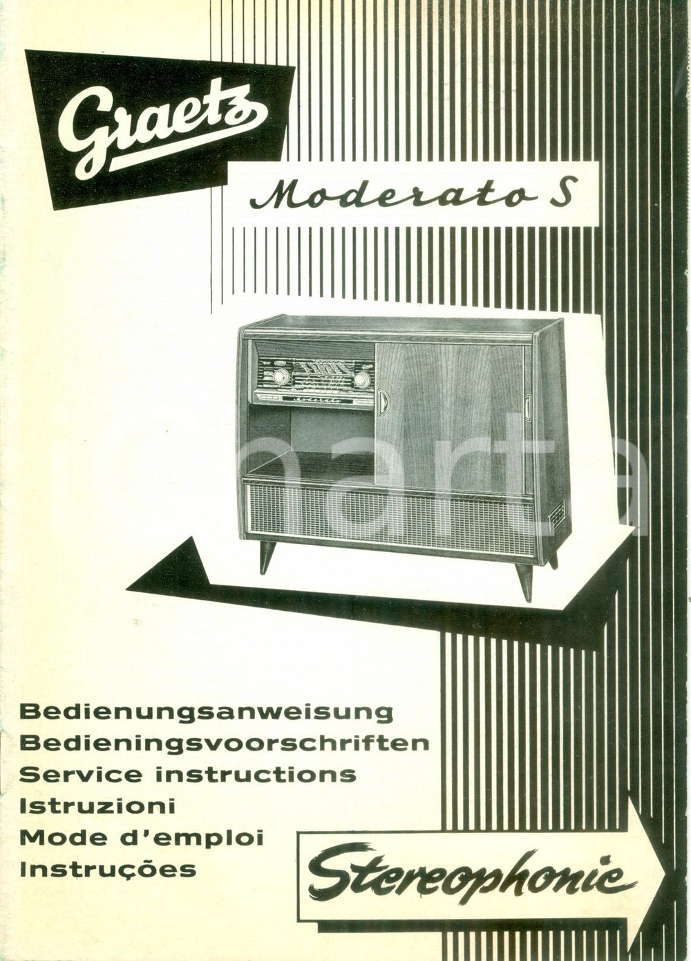 Materiale pubblicitario d’epoca 1955 ca GRAETZ MODERATO S Radiotelevisori stereofonia Opuscolo ILLUSTRATO 1