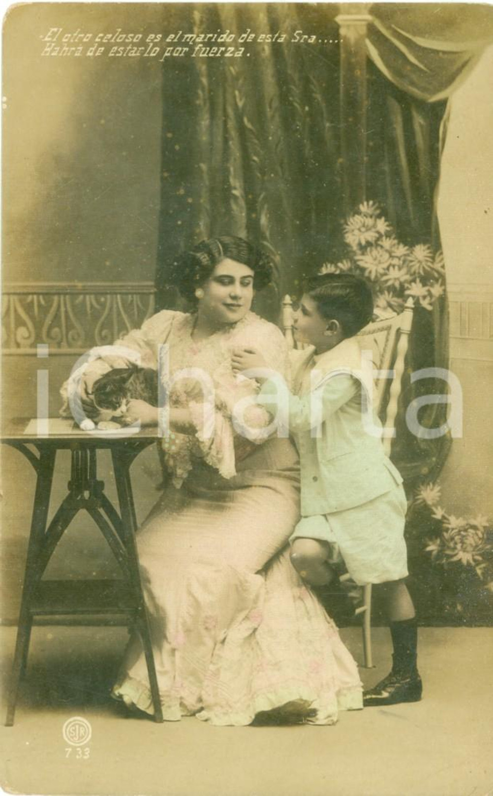 Cartolina originale da collezione 1910 ca SPAGNA Quadretto familiare con gatto Cartolina FP NV 1
