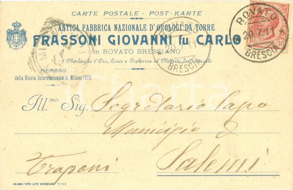 Cartolina originale da collezione 1911 ROVATO BS Giovanni FRASSONI Antica Fabbrica Orologi da Torre Cartolina 1