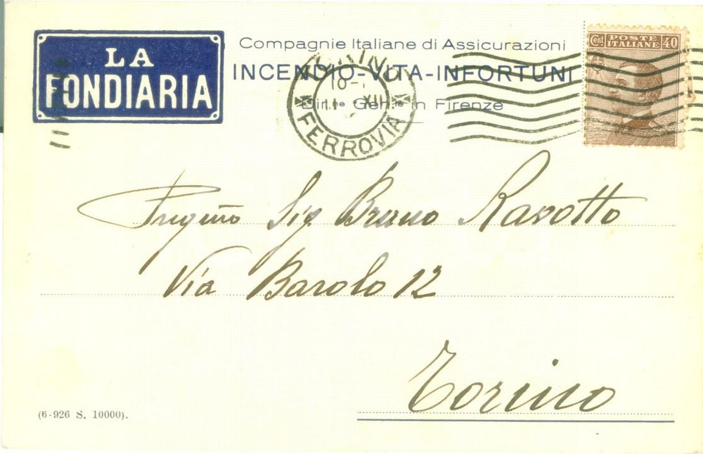 Cartolina originale da collezione 1926 TORINO Compagnie Italiane Assicurazione LA FONDIARIA Cartolina FP VG 1