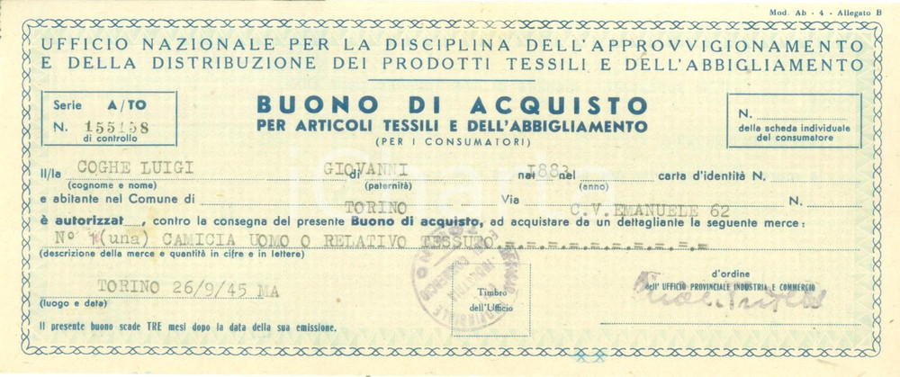 Documento originale, autentico 1945 TORINO Buono di acquisto articoli tessili e abbigliamento per Luigi COGHE 1
