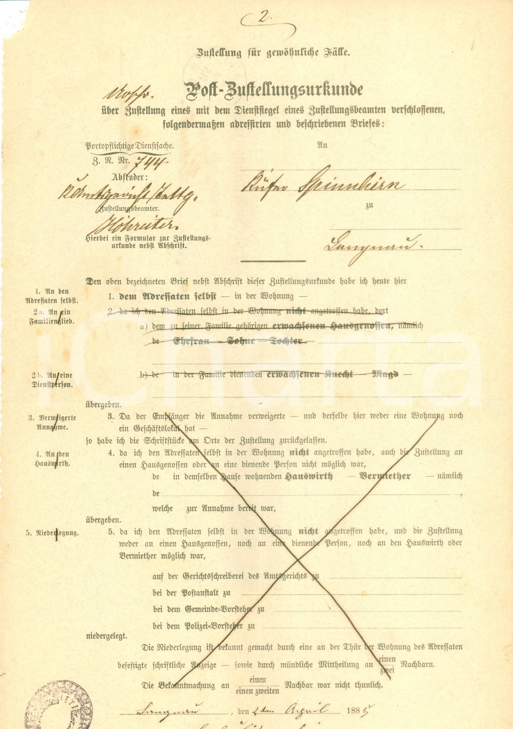 Documento originale, autentico 1885 TETTNANG DE Atto di citazione per Rufus SPINNHIRN Documento VG 1