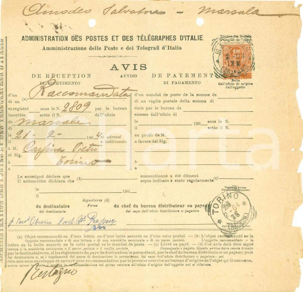 Documento originale, autentico 1904 TORINO Raccomandata da MARSALA per Pietro CASSINA Avviso di ricevimento 1