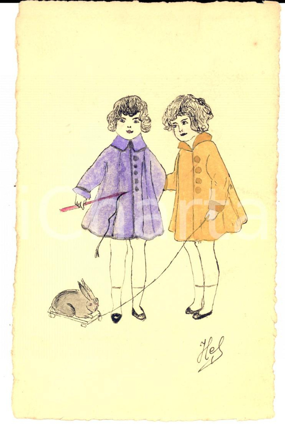 Cartolina originale da collezione 1910 ca FRANCIA Bambine giocano con un coniglietto Cartolina DISEGNATA A MANO 1