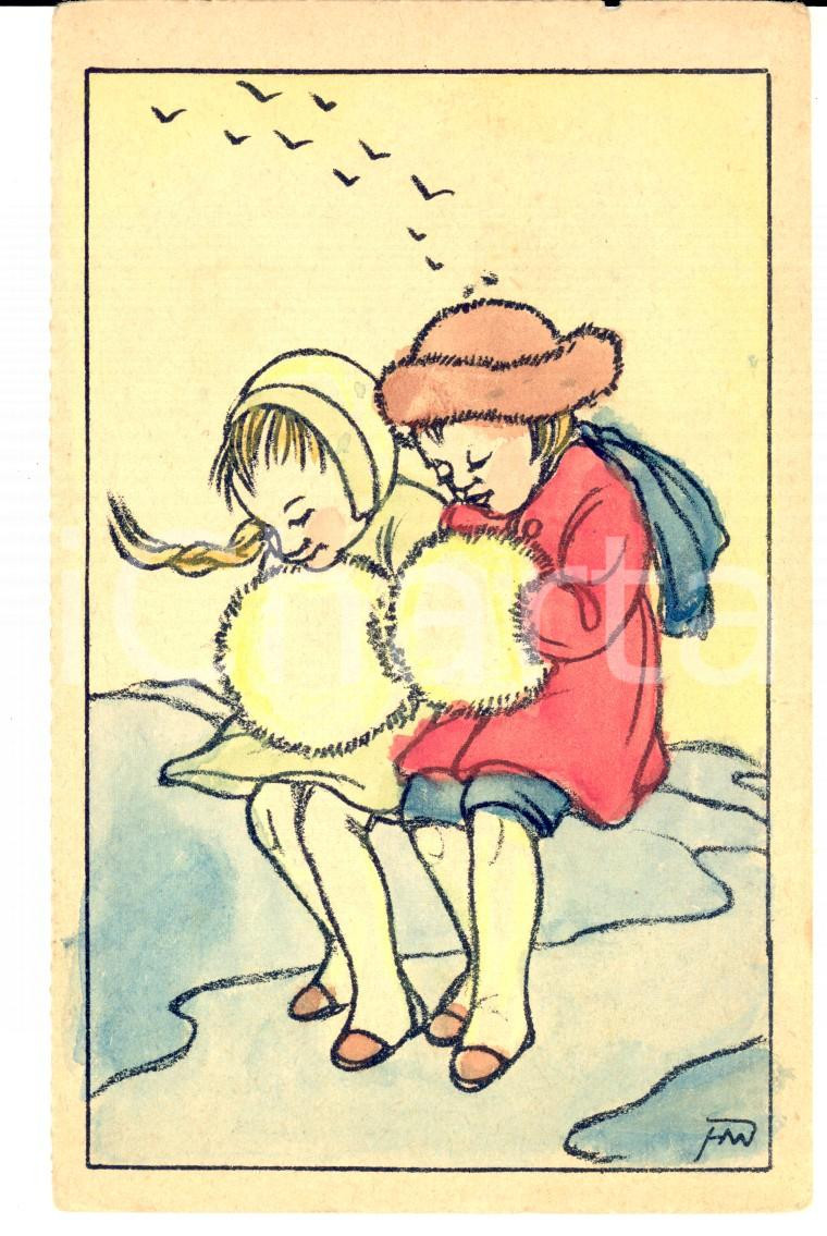Cartolina originale da collezione 1930 ca FRANCIA Bambine si scaldano con manicotti Cartolina COLORATA A MANO 1