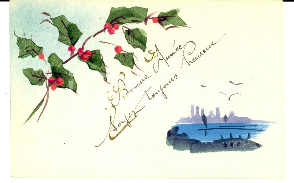 Cartolina originale da collezione 1920 ca FRANCIA Cartolina per il Nuovo Anno DISEGNATA A MANO con agrifoglio 1