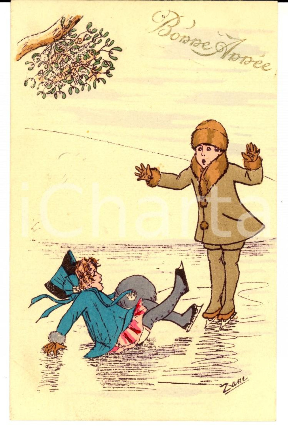 Cartolina originale da collezione 1919 VERNON F Maldestra pattinatrice in erba Cartolina DISEGNATA A MANO ZANE 1